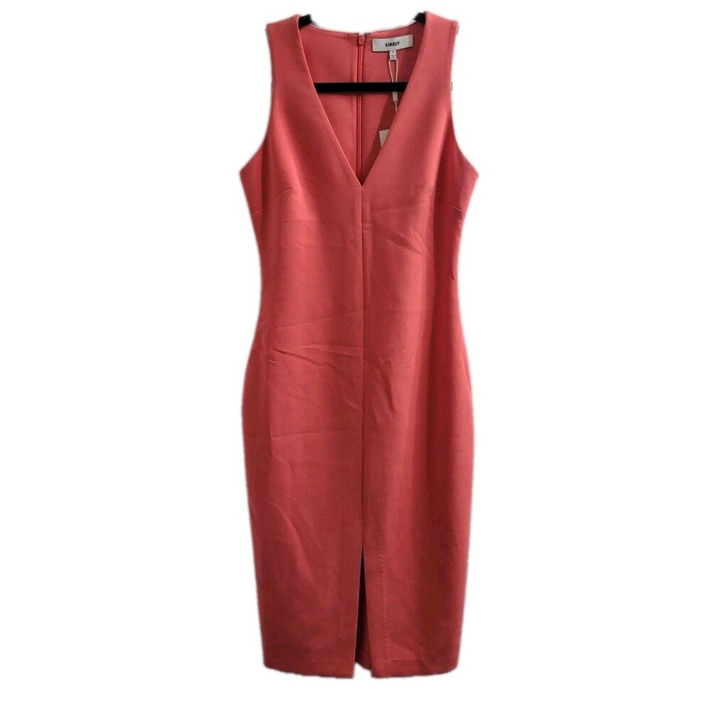 NWT Likely Park Sheath Dress Coral Pink Flamingo Sleeveless V-Neck Midi Size 4